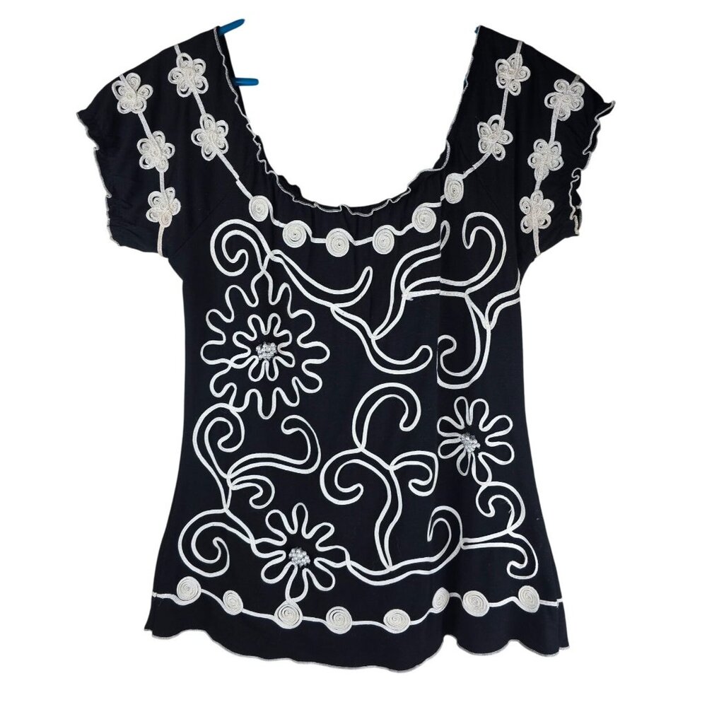 Vintage Lauren Michelle Top‎ Sz S Black/White Embroidered Beaded Boho Peasant